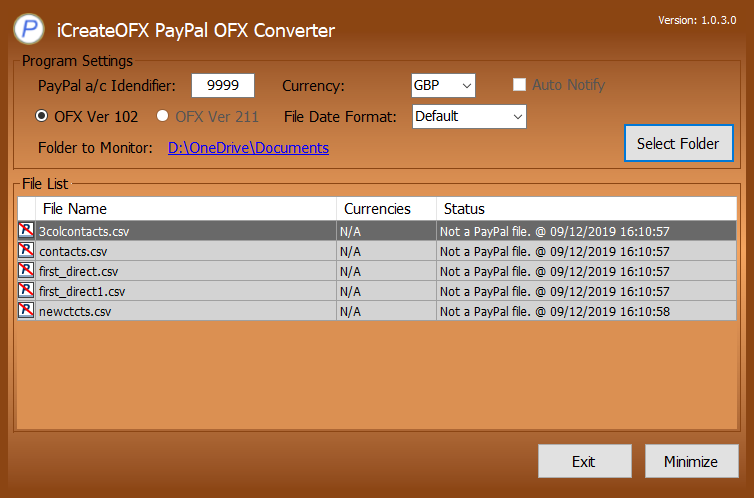 PayPal CSV to OFX main screen